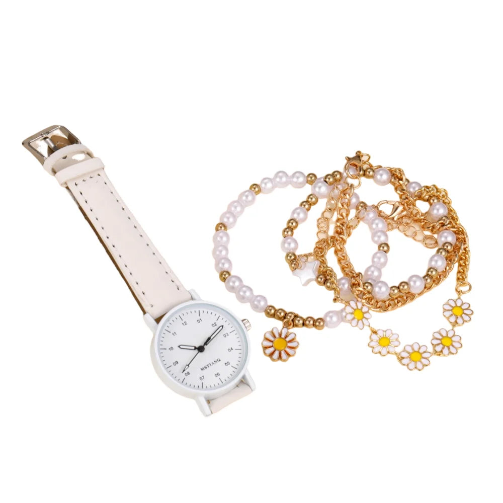 A set of 5 handmade pearl thread wristwatches for girls.