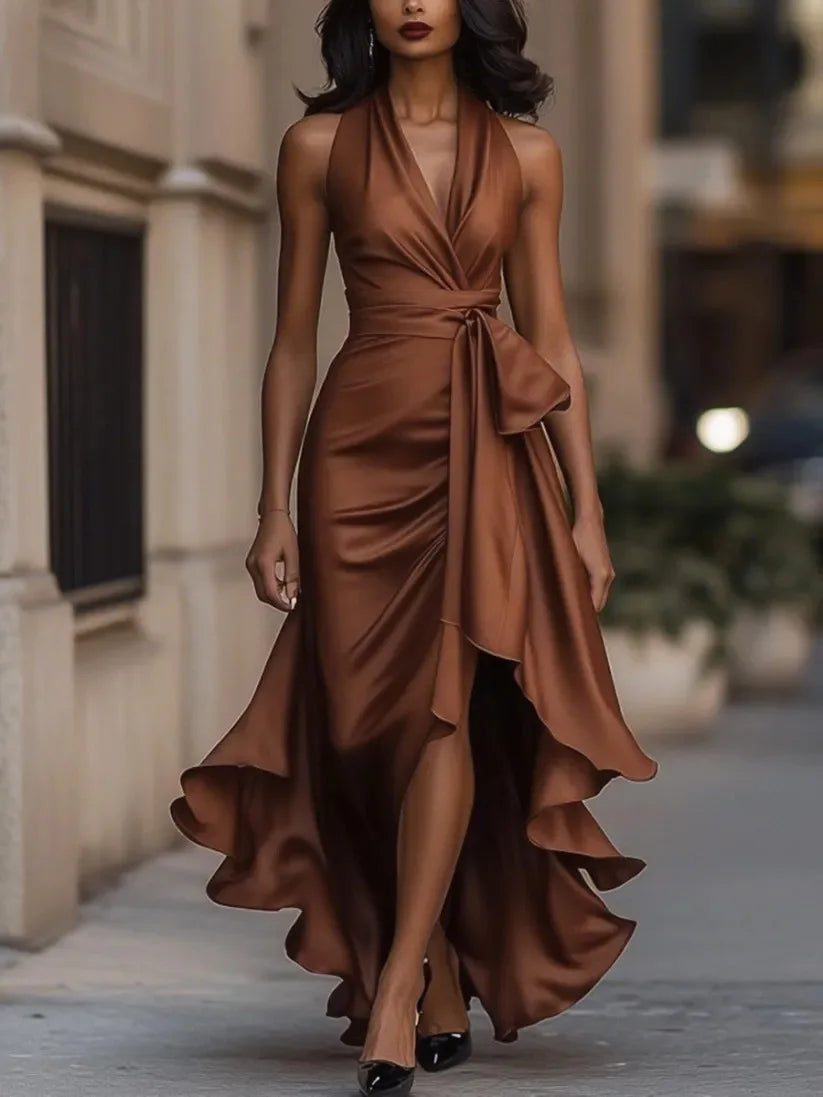 Satin Dress With Irregular Ruffles