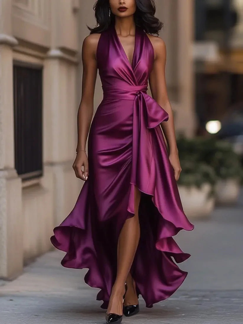 Satin Dress With Irregular Ruffles