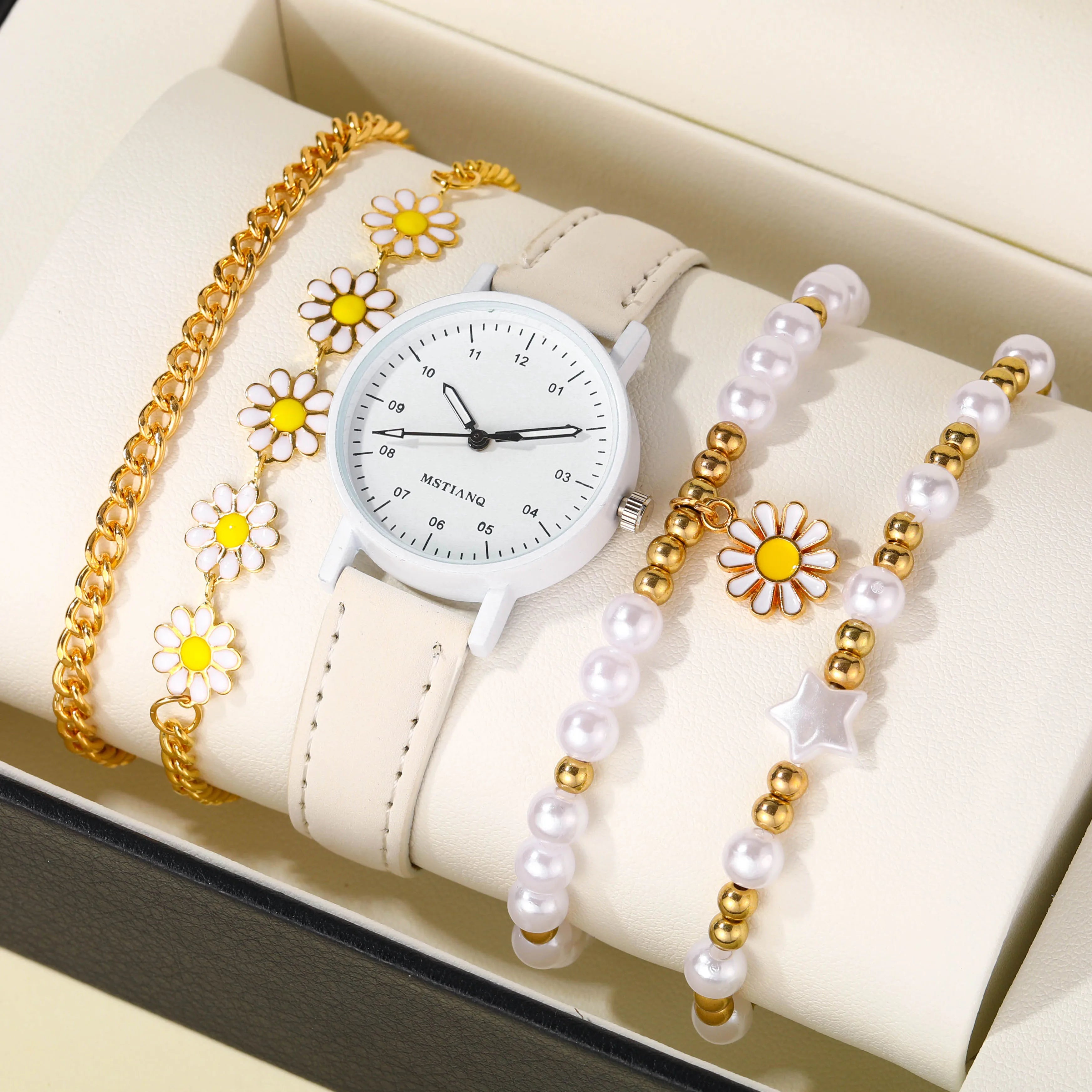 A set of 5 handmade pearl thread wristwatches for girls.
