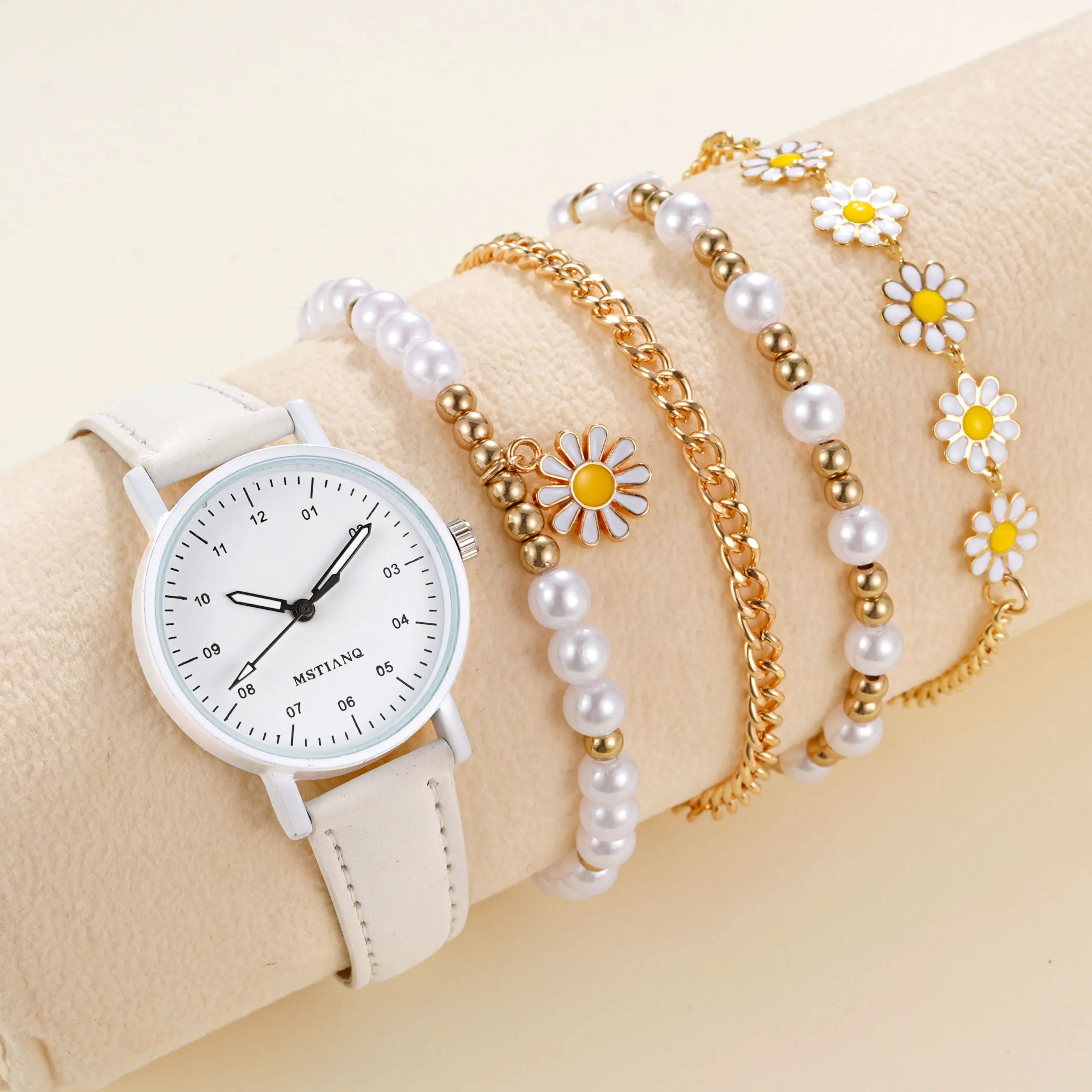 A set of 5 handmade pearl thread wristwatches for girls.