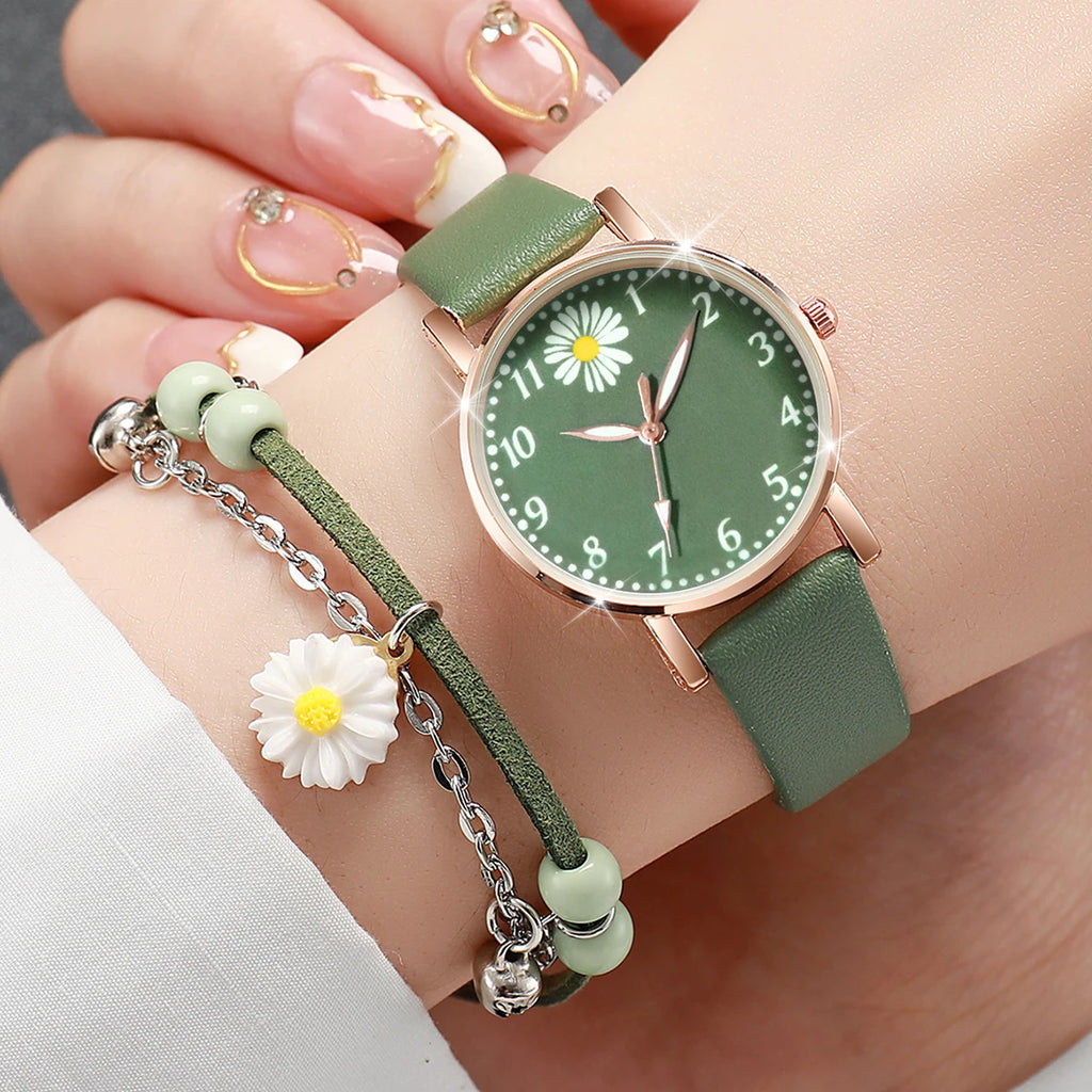 Two-piece set of elegant women's wristwatches in the shape of a daisy