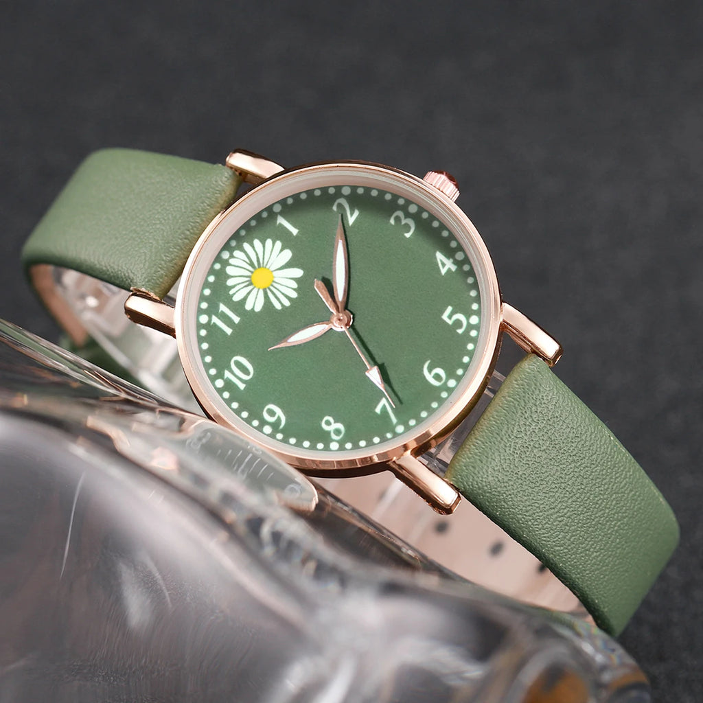 Two-piece set of elegant women's wristwatches in the shape of a daisy