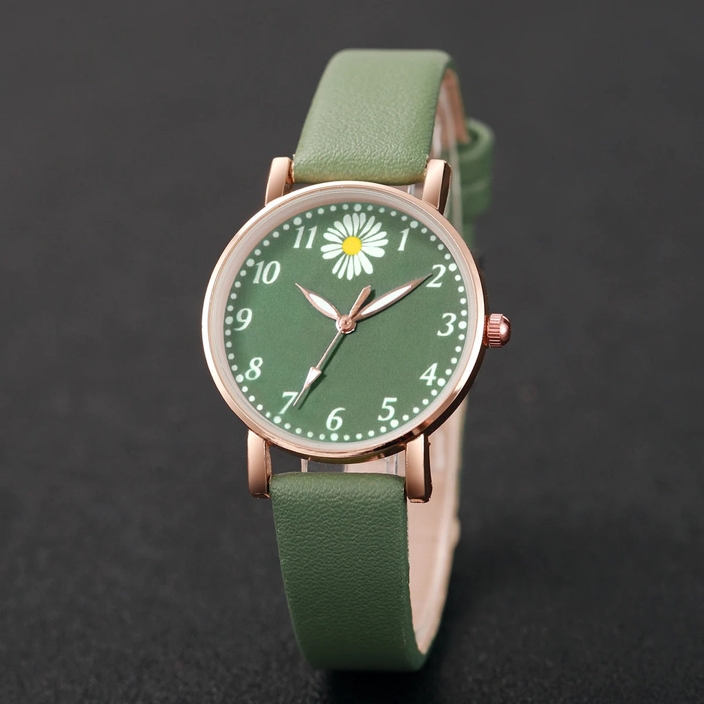 Two-piece set of elegant women's wristwatches in the shape of a daisy