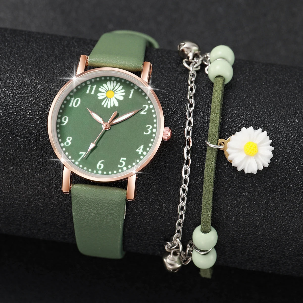 Two-piece set of elegant women's wristwatches in the shape of a daisy